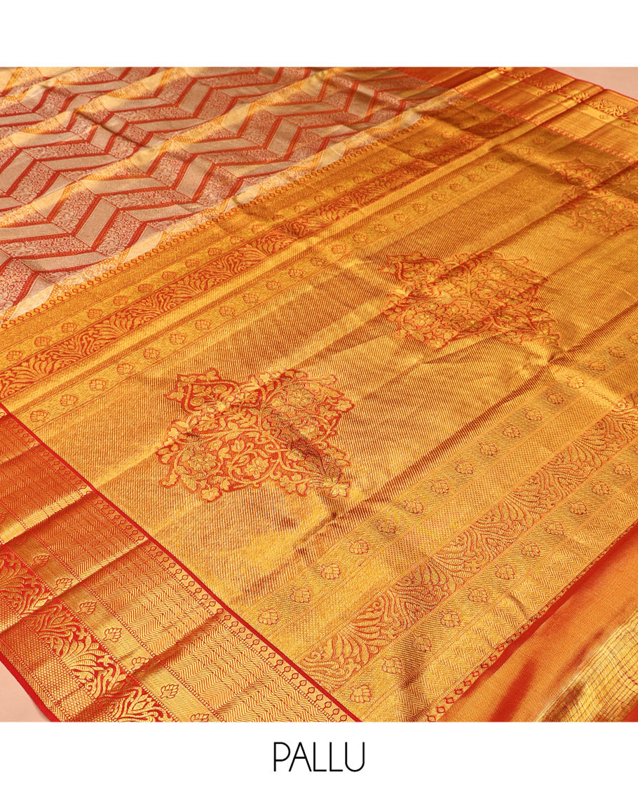 Orange Jacquard Kanchipuram Tissue Silk Saree, Complemented by a Contrast Traditional Zari Border, Grand Pallu, and a Matching Blouse
