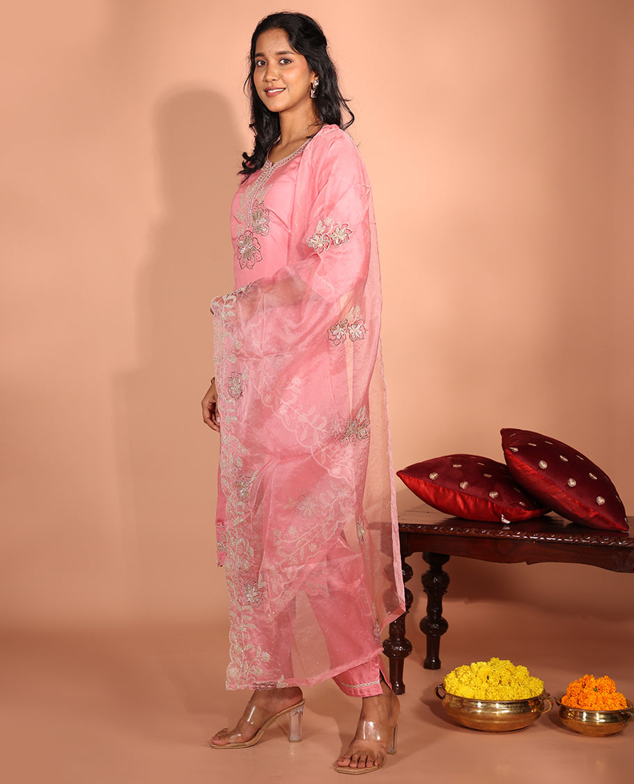 Pink Glass Fabric Readymade Suit