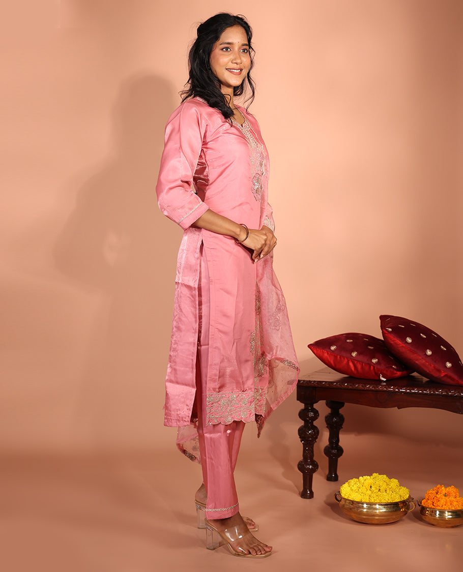 Pink Glass Fabric Readymade Suit