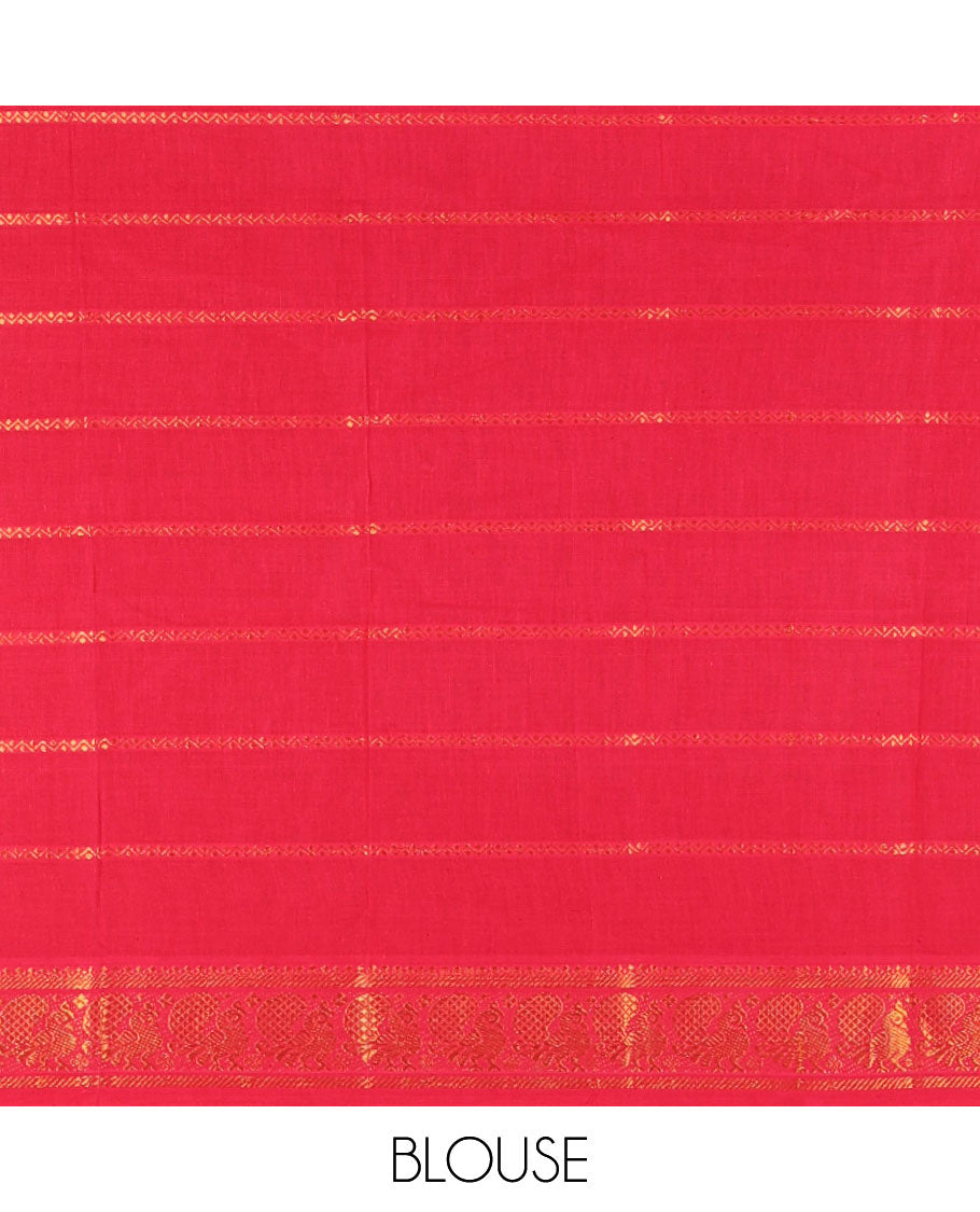 Half-white and rani pink Veldhari striped Sungudi cotton saree, contrast traditional border of peacock buttas, zari striped pallu, and a contrast blouse