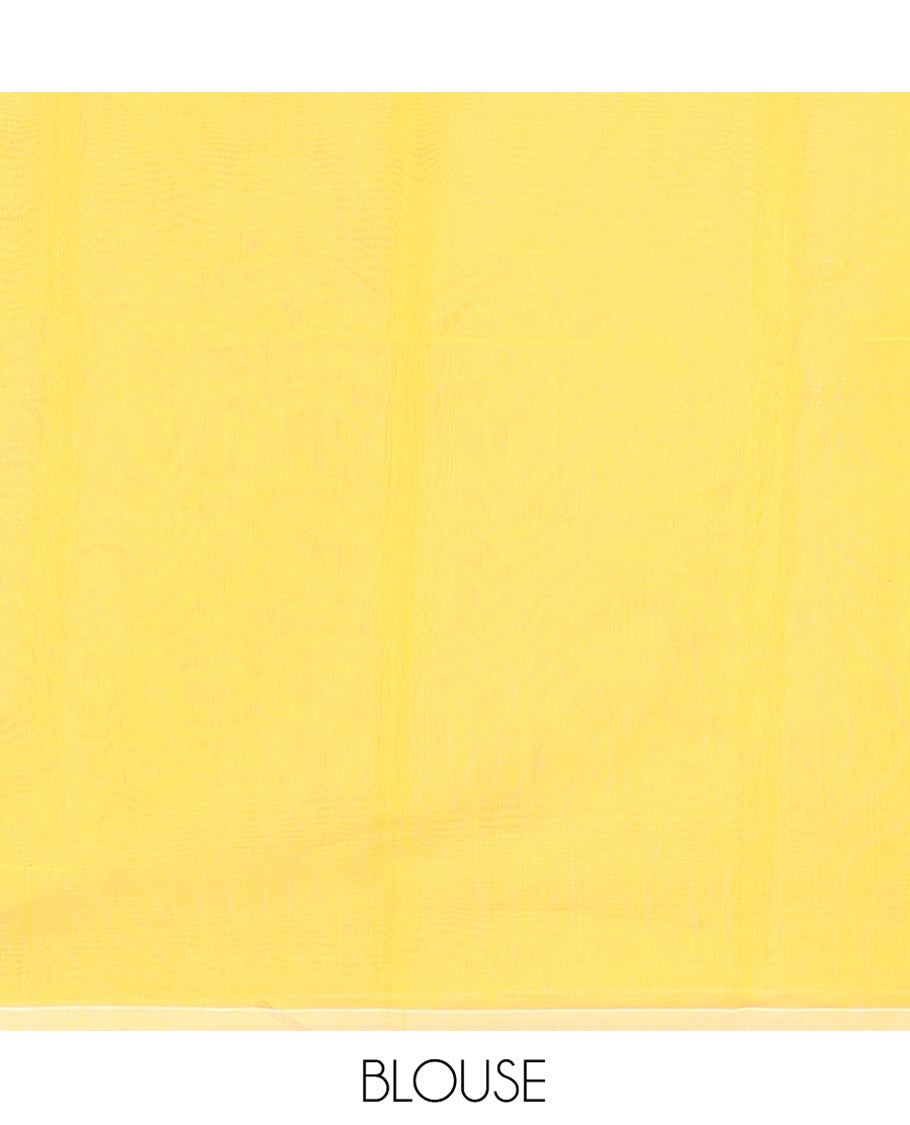 Borderless Yellow Semi-Silk Cotton Saree, Adorned with Unique Buttas on Its Body, Highlighted by Geometric-Patterned Pallu, and Paired with a Matching Blouse