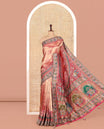 Rose Gold Dola Silk Saree, Sparsely Adorned with Chevron Design, Complemented by Contrast Mughal-Style Patterns Print and Embroidered Border, Intricately Designed Pallu, and Paired with a Matching Blouse