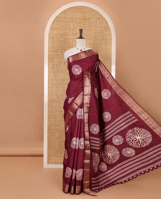 Jamun pink shibori printed fancy tussar saree, traditional zari border, shibori printed pallu & matching printed blouse with zari border
