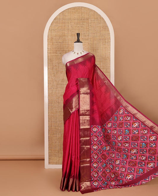 Pink striped dola-tussar saree, contrast temple zari border, patola animal motifs enclosed jaal printed pallu & patola printed blouse