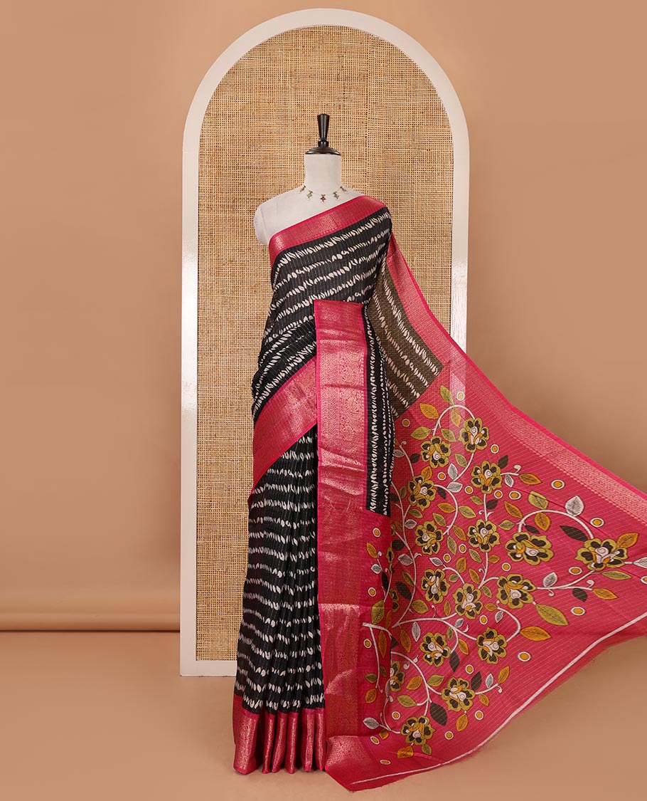 Black zari striped & uniquely printed soft tusser saree,contrast traditional zari border,kalamkari floral print pallu & zari design blouse