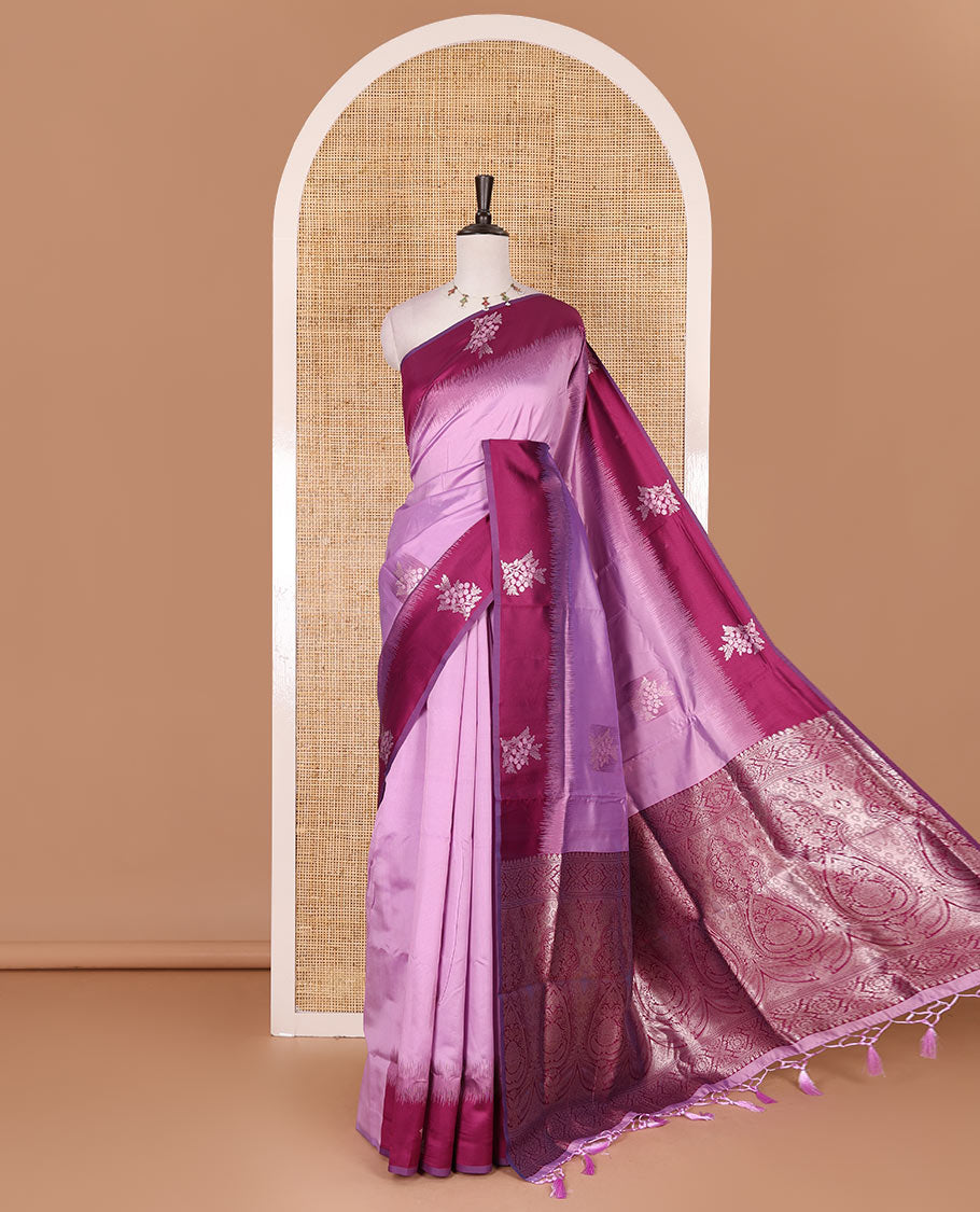 Lavender-purple floral buttas elite soft silk saree, contrast floral buttas border, and pallu of Mughal-style intricate zari designs