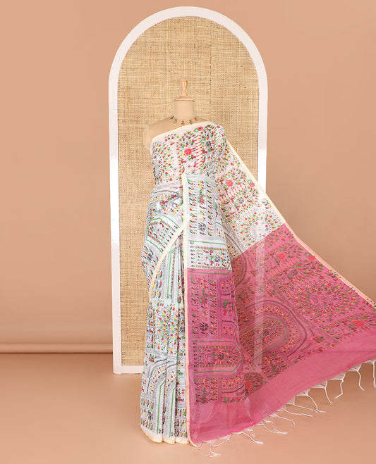 Borderless white and pink Warli village printed khadi mul cotton saree, contrast Warli motifs printed pallu, and a plain blouse