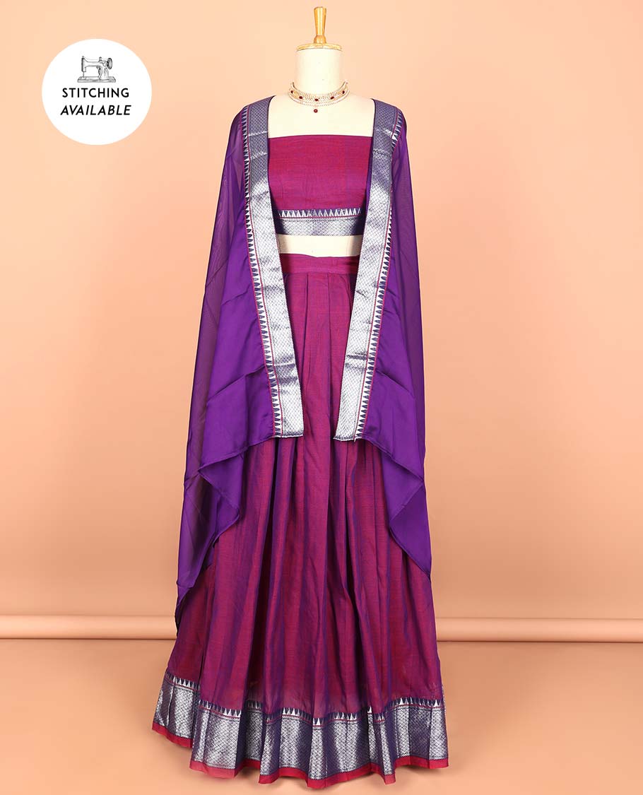 Green cotton half saree with contrast zari border, plain blouse & plain with zari border dhavani