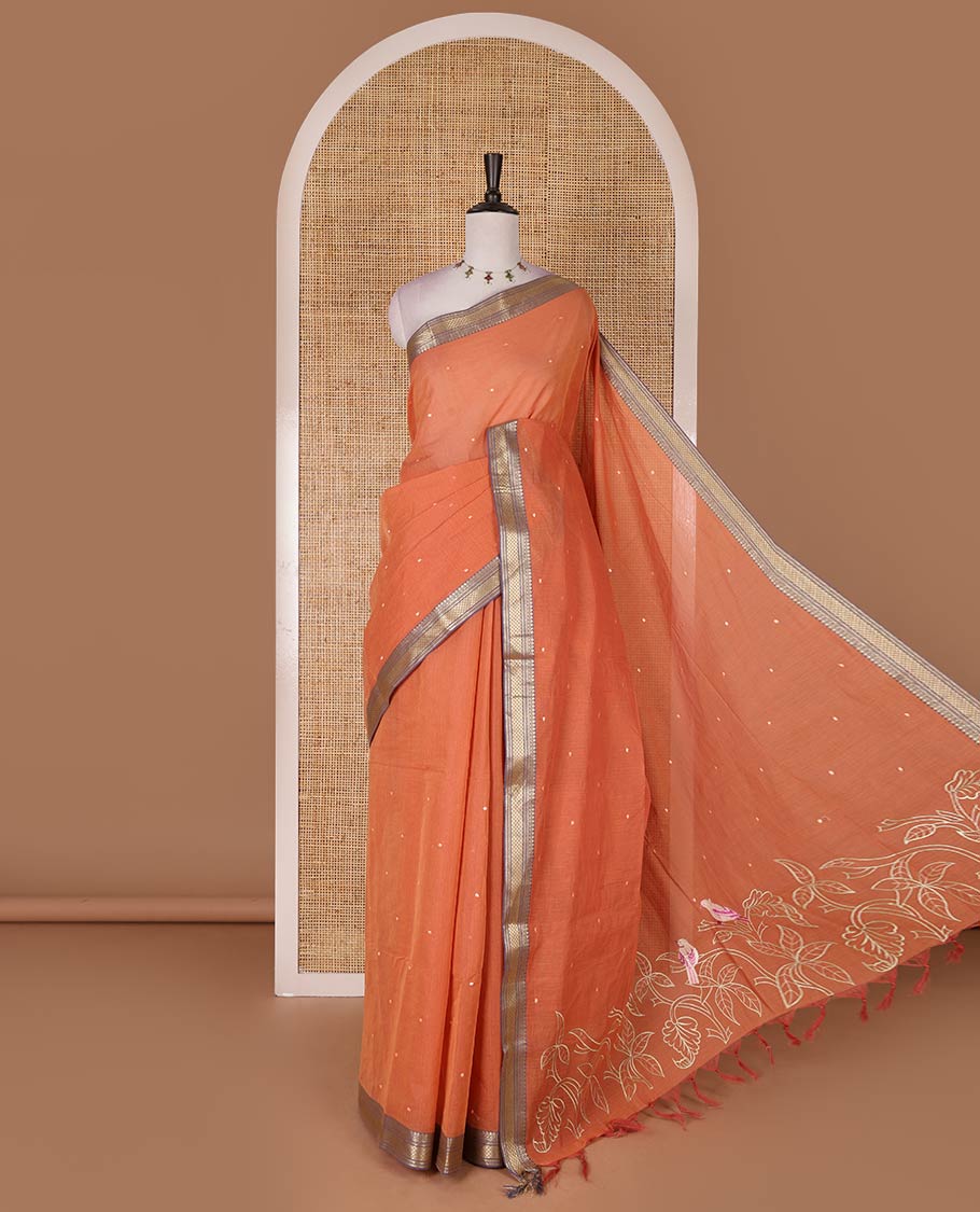 Rust buttas Mangalagiri cotton saree, contrast traditional zari border, floral vine with bird embroidered pallu, and matching blouse