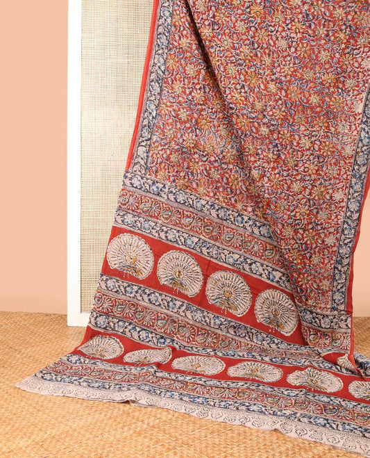 Red intricate floral design machine-printed kalamkari cotton saree with contrast floral design border & intricate design pallu