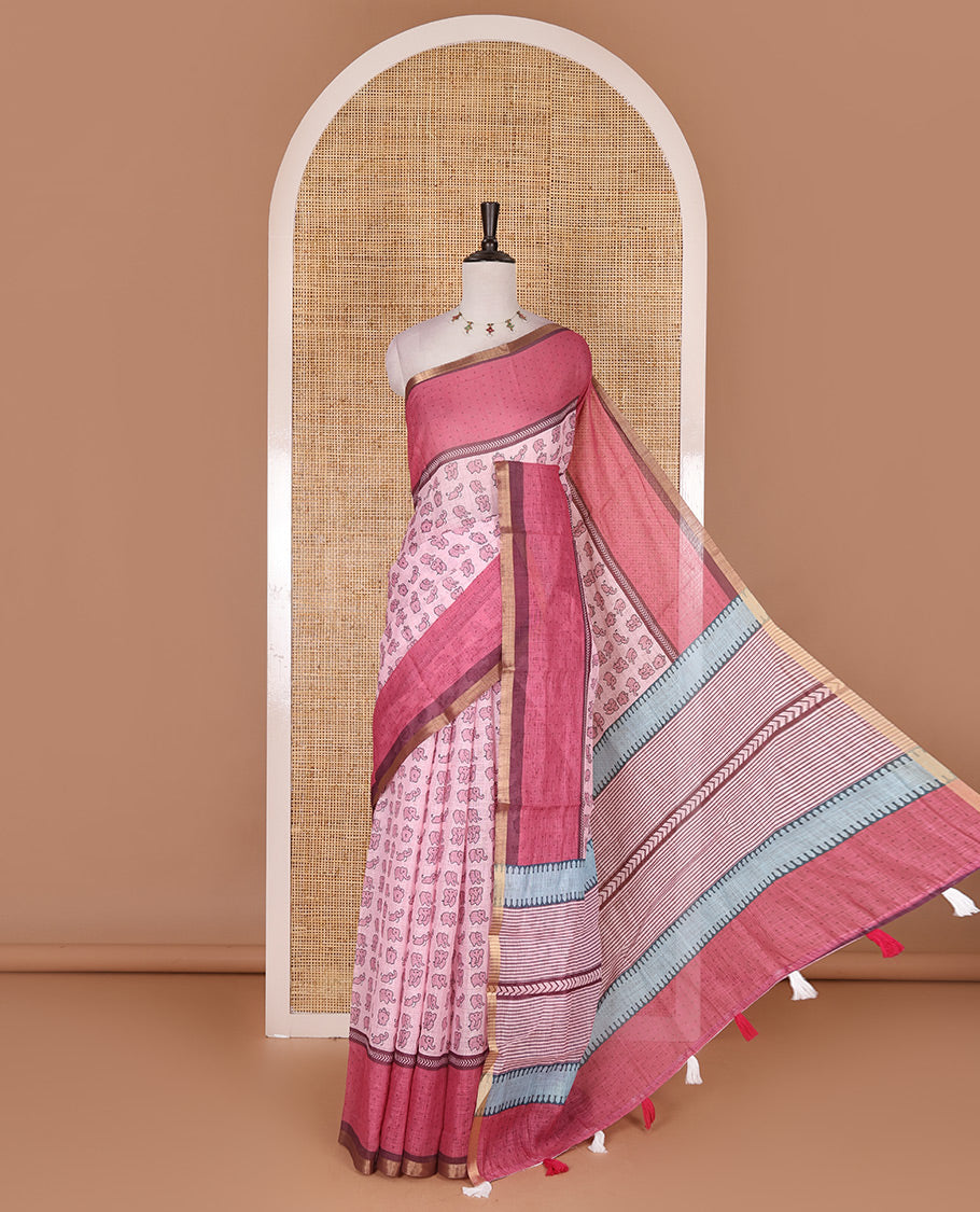 Baby pink cute elephant motifs printed linen cotton saree, contrast chevron border, pallu of stripes and chevron, and contrast printed blouse