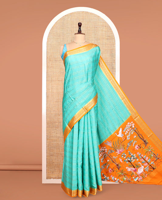 Blue Mysore Silk Saree, Gleamed up with Zari Checked Design on its Body, Complemented by Captivating Contrast Border of Traditional Zari Designs, Pallu of Tropical Flora and Flamingo Bird Designs, and Paired with a Contrast Blouse