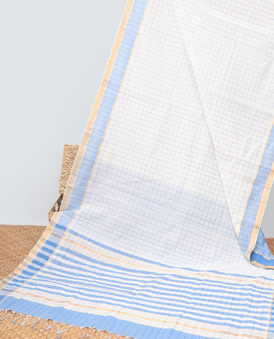 White checked mangalagiri cotton saree contrast striped, temple border & checked pallu