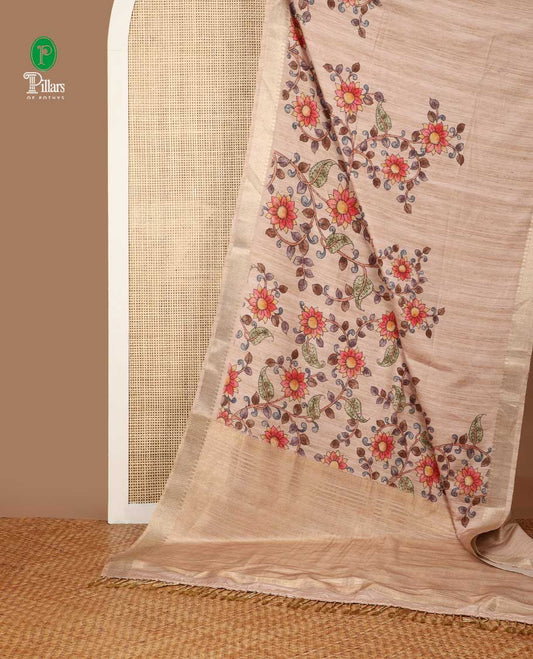 Chikku color kalamkari print kicha tussar saree with zari katti border & cheer pallu along with plain blouse