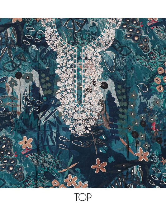 Blue floral printed chudidhar material set floral thread embroidered top, plain bottom & sequins embroidered dupatta