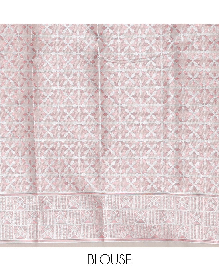 Peach floral printed butter silk saree with self-floral border & intricate design pallu