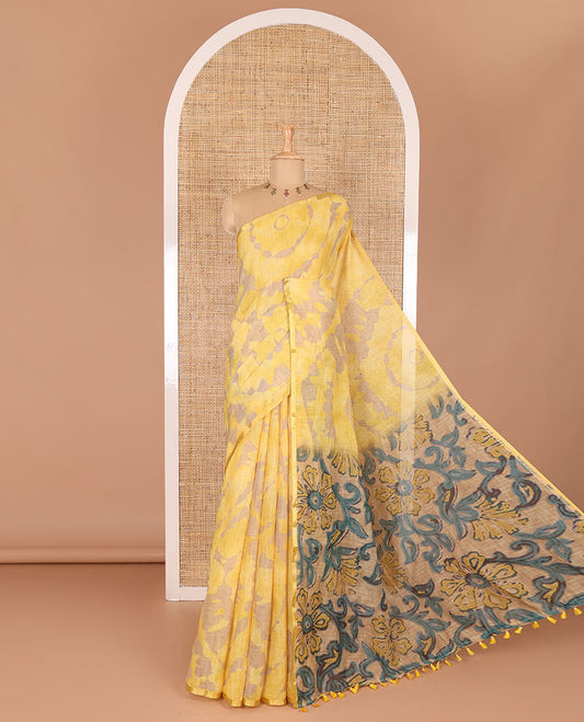 Borderless yellow batik printed linen cotton saree, hand brush painting style floral vine printed pallu, and contrast floral printed blouse