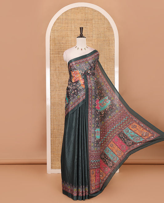 Green geometric patterns kaleidoscope-colored printed & mirror embroidered half-&-half masakali saree, printed border & pallu of embroidery work & plain blouse