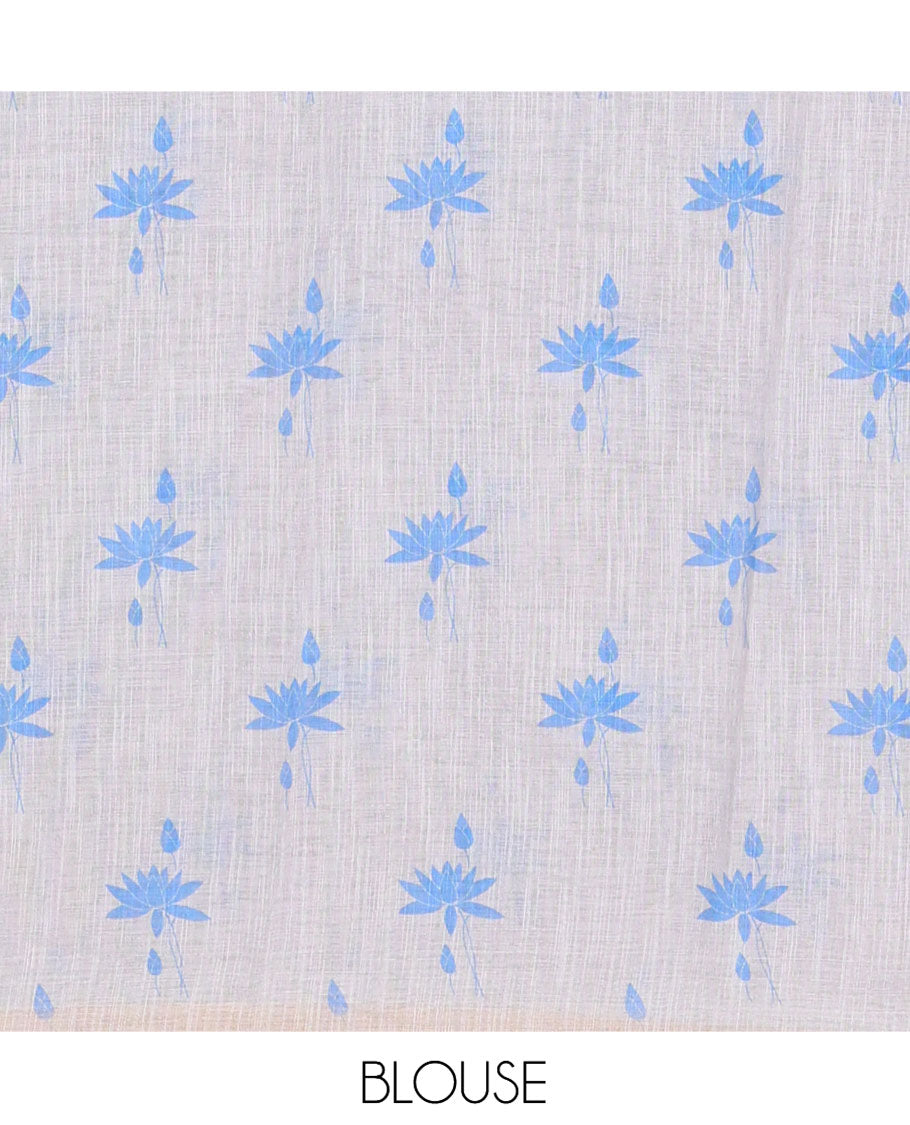 Borderless Grey Linen Cotton Saree Features Lotus Print, a Self-Pallu, and a Matching Blouse