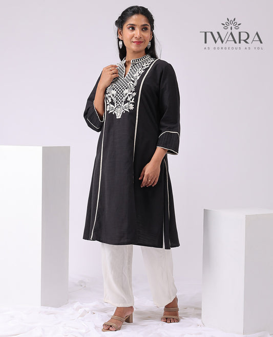 Black floral thread embroidery, v neck , 3/4 th sleeve, knee length with straight pants