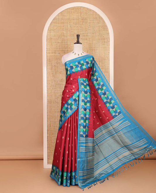 Maroon striped and buttas kathan silk saree, contrast multi-color temple border, seer printed pallu, and contrast printed blouse