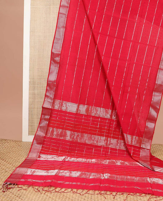 Red striped maheshwari cotton saree with self striped, temple border & checked pallu