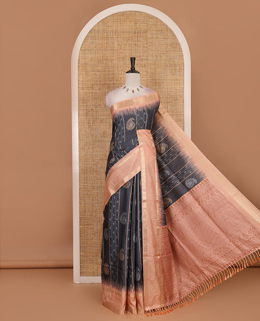 Dark Grey floral, manga and striped katan silk saree, contrast rettai pettu temple border of diamond and Greek key design, jaal pallu, and contrast printed blouse