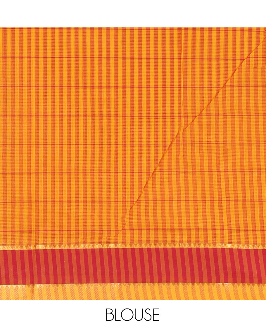 Yellow Andhra Cotton Saree, Subtly Sparkled with Checks, a Contrast Zari Traditional Border, Striped Pallu, and a Matching Blouse
