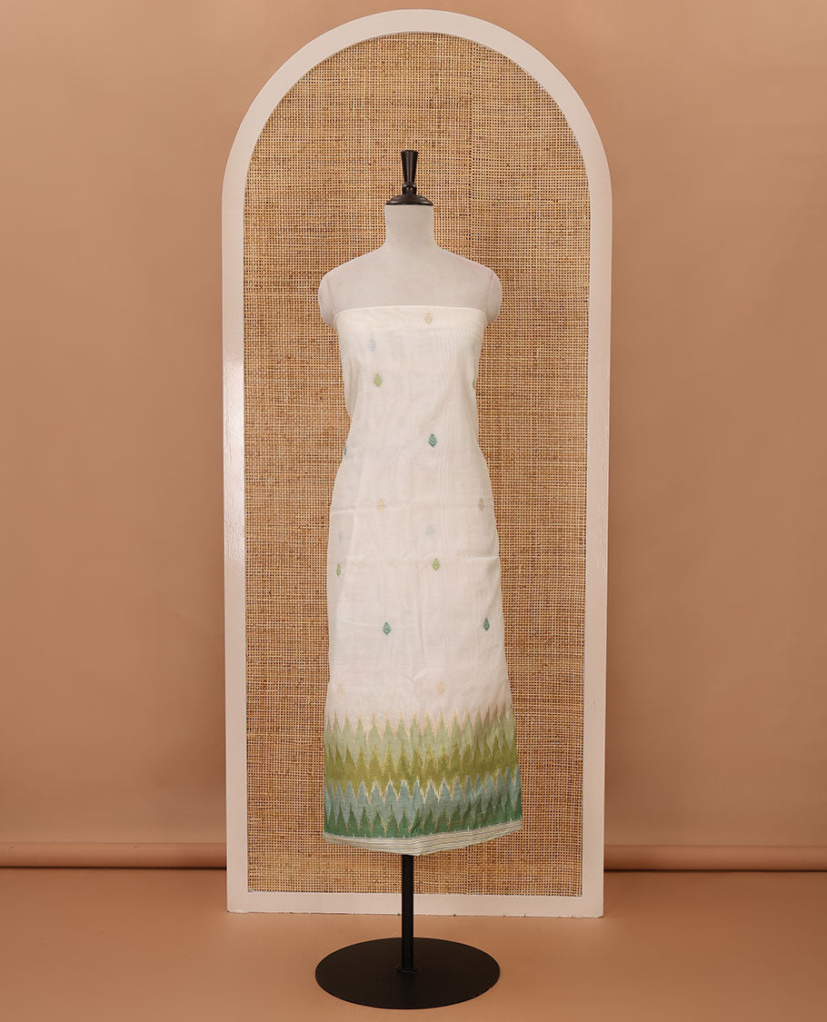 Green material chudidar set,meena butta & ombre zig-zag print mul chanderi top,plain bottom & mul chanderi dupatta of meena butta & ombre zig-zag print