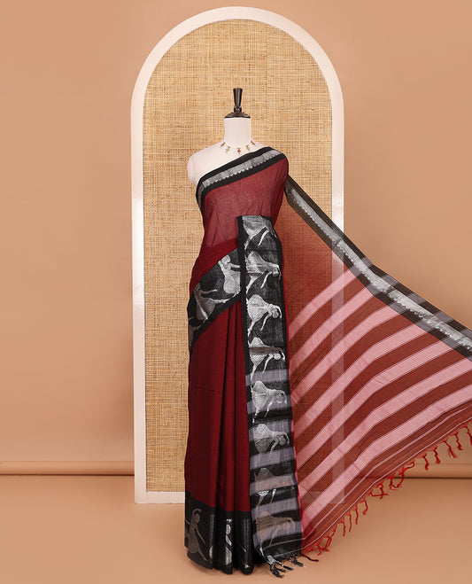 Red full-plain Mercerised cotton saree, contrast sliver zari Dancing Bharatanatyam girl motifs woven border, striped pallu & plain blouse