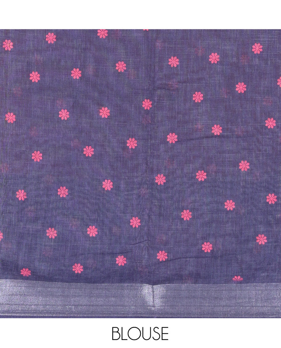 Pink Linen Cotton Saree, Beautified with Silhouette-Style Floral Vine Printed on Its Body, Subtly Zari Bavanji Border, Pallu of Same Floral Print, and Paired with a Matching Blouse
