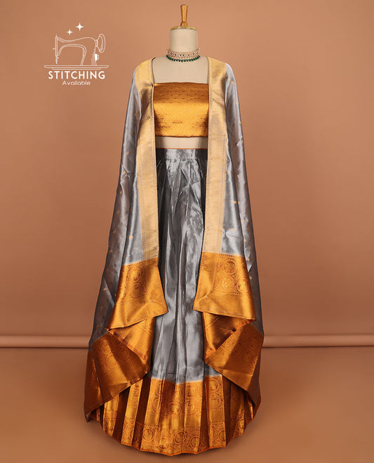Grey floral buttas half saree with contrast zari border, zari design blouse & floral buttas dhavani