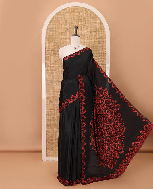 Black plain design turkey crepe saree, triangle motif printed border, leaf-like shape printed pallu & printed blouse