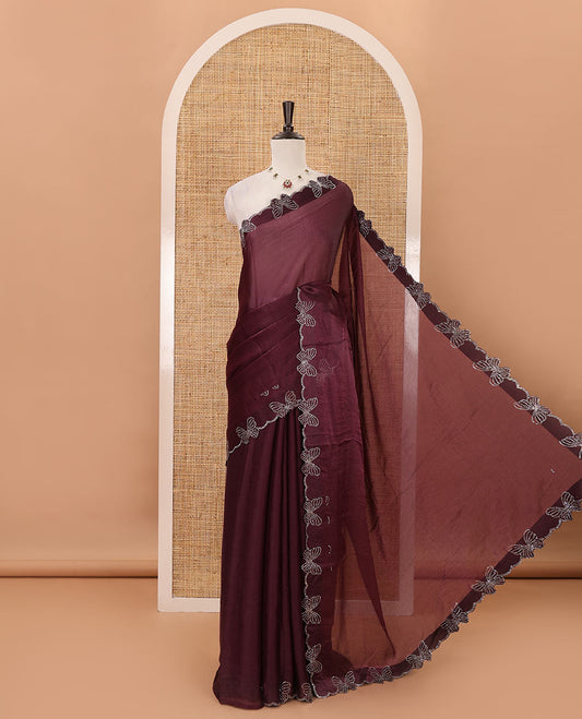 Purple full-plain Fendi chiffon saree, scallop butterfly-style Swarovski stone work border & stone work matching blouse