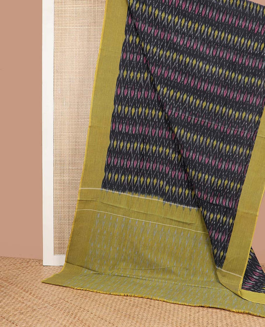 Black ogee design ikkat design ikkat cotton saree with contrast border & intricate design pallu