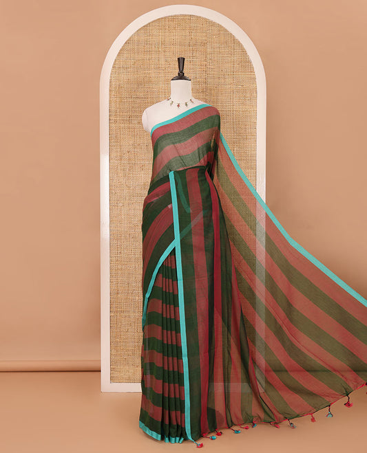 Olive green horizontal striped khadi cotton saree, contrast piping border & matching horizontal striped blouse