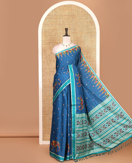 Blue buttas & kaleidoscope color elephant motifs printed katan silk saree, contrast multi-hue temple motif border, ikkat geometric print pallu & contrast printed blouse
