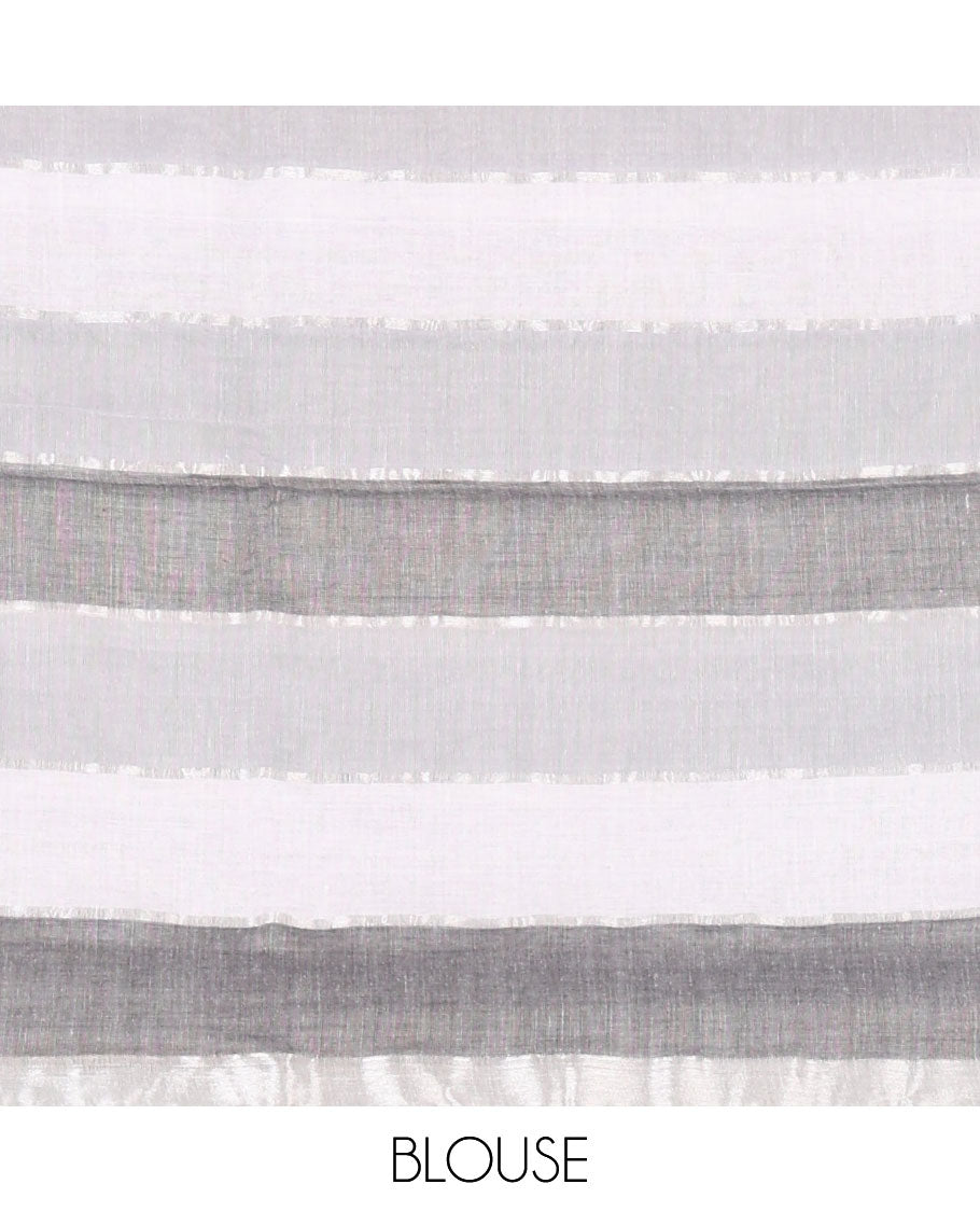 Grey-shaded striped khadi cotton saree, zari piping border, multi-color tassels pallu & colorful striped blouse