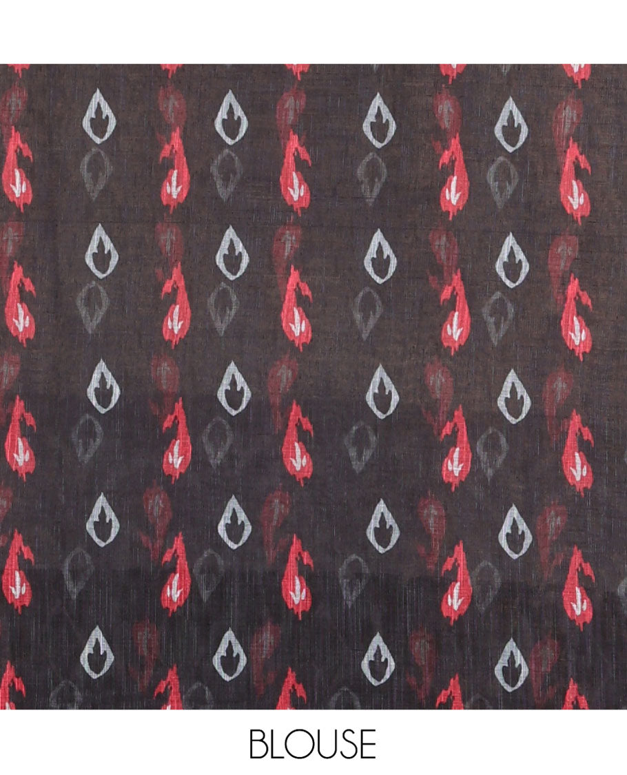 Cream and Black Linen Cotton Saree, Subtly Steeped with Raindrop Style Buttas All Over Its Body, Complemented by Contrast Ikkat Style Border of Elephant Motifs, Ikkat Style Pallu, and Paired with a Contrast Blouse