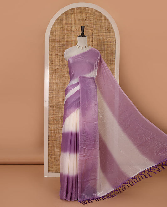 Borderless lavender tie-dye-style printed fendy satin saree, self-pallu with tassels & plain blouse