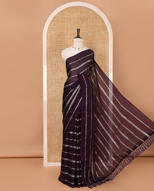 Borderless violet horizontal-style stripes foli printed Fendy chiffon saree