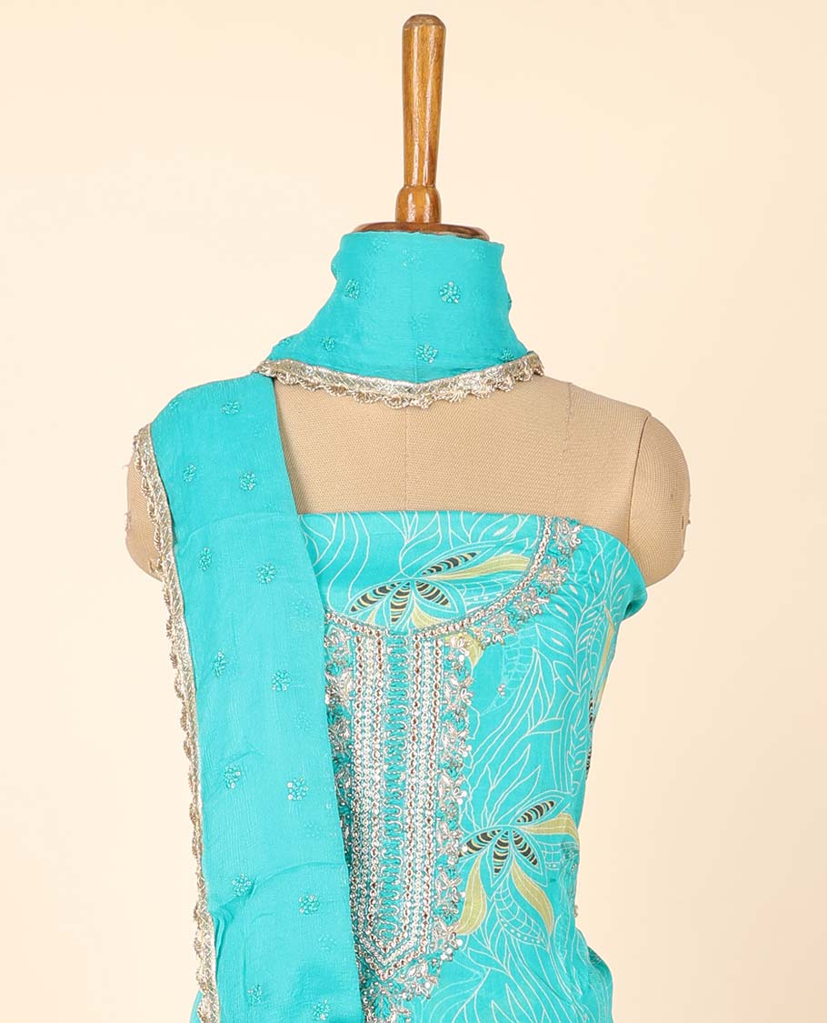 Blue material chudidhar set, floral print & embroidered top, plain bottom & sequins embroidered dupatta