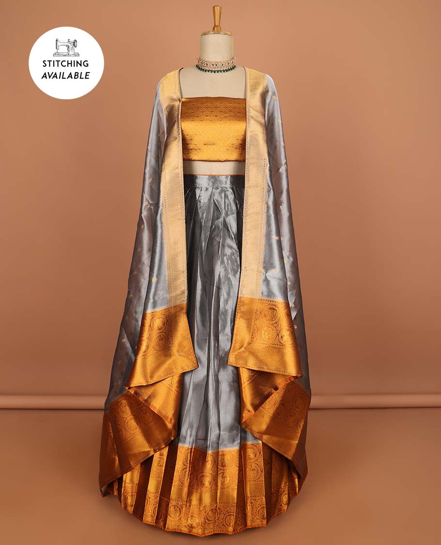 Grey floral buttas half saree with contrast zari border, zari design blouse & floral buttas dhavani