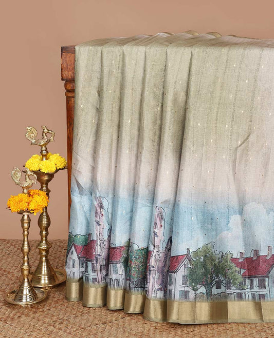 Blue digital cultural print, zari butta fancy tussar saree with bhavanji border & tissue pallu along with plain blouse