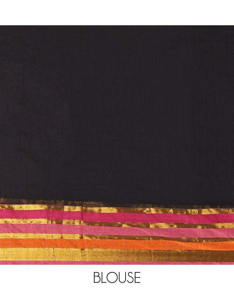 Black Plain Khadi Mul Cotton Saree, Complemented by Contrast Pink-Orange Zari Striped Border, Self-Pallu, and Paired with a Matching Blouse