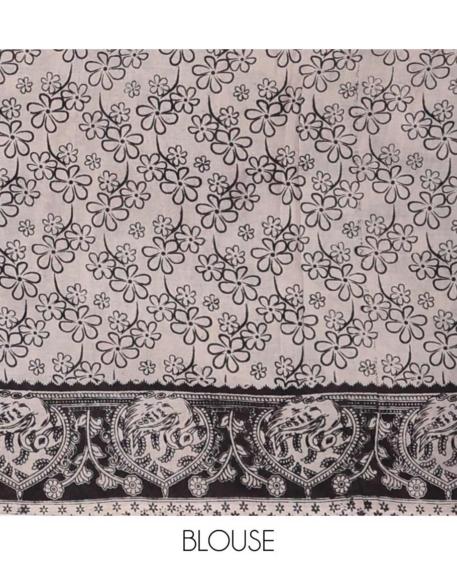 Black floral vine printed kalamkari cotton saree with contrast intricate design border &animal design pallu