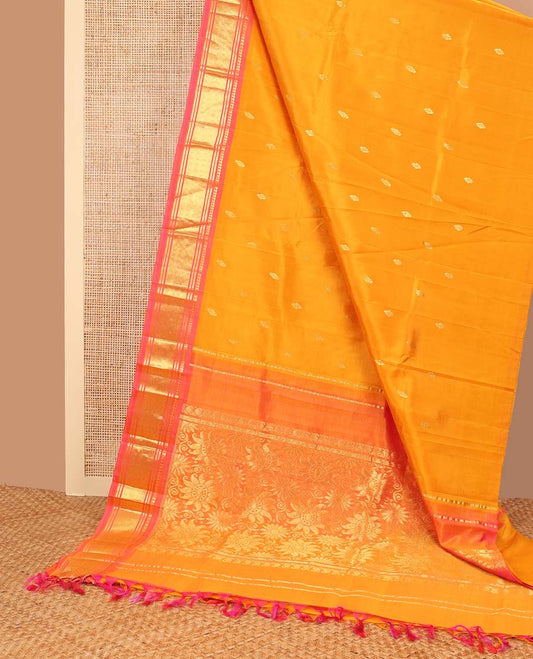 Orange buttas kancheepuram silk saree with contrast intricate zari design border & floral zari design pallu
