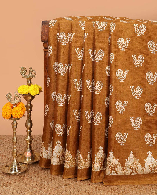 Mustard all-over pathik peacock print semi Khadi silk saree with pathil temple border & printed rich pallu along with printed blouse