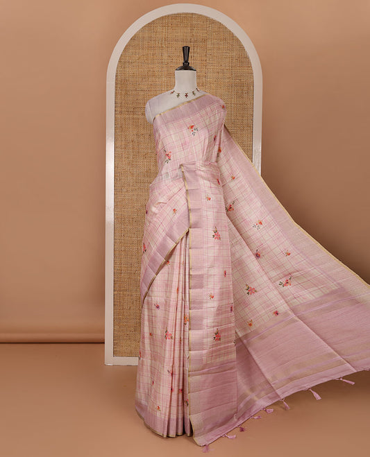 Pink Burberry checked & floral printed fancy tussar silk saree, zari woven border & zari checked pallu & matching blouse of striped & floral print