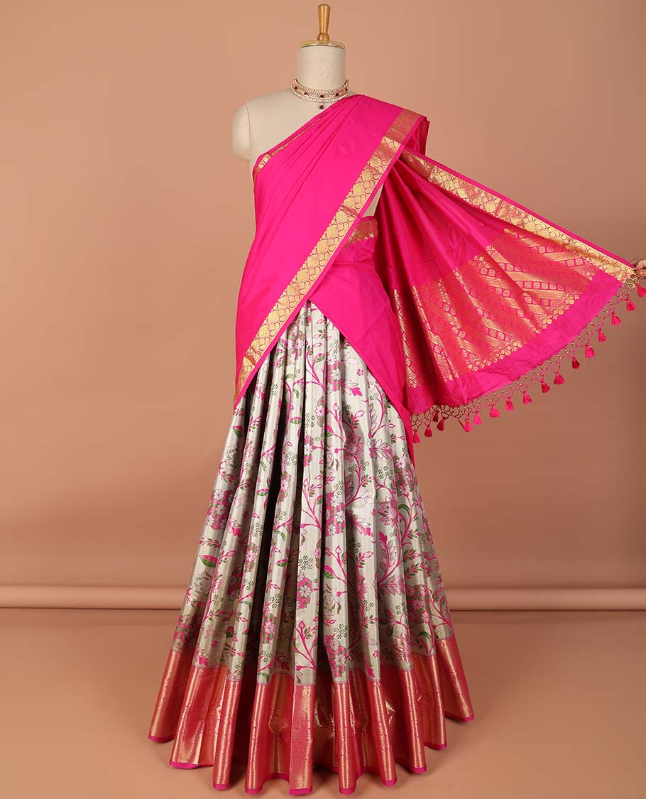 Sandal floral design art-silk half saree, contrast traditional zari border, zari design blouse & striped, floral design dhavani